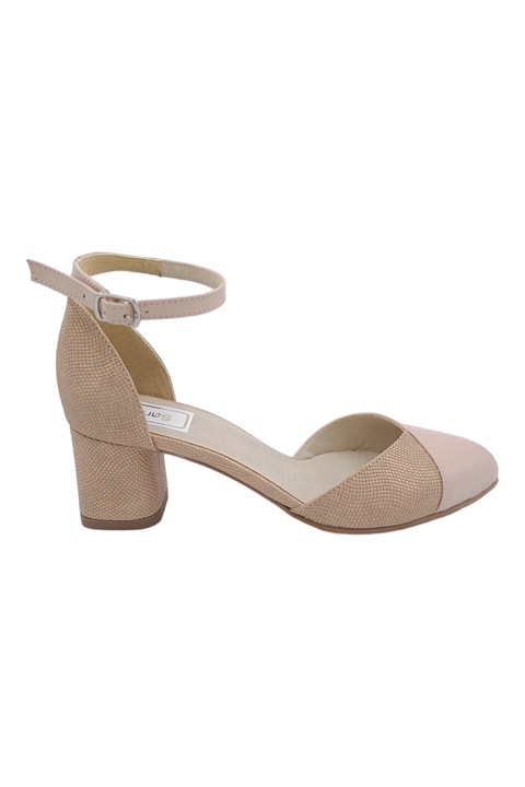 Pantofi sanda dama eleganti piele lacuita cu catarama varf rotund toc masiv mediu cu imprimeu bej