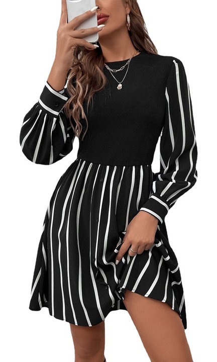 QttvbTna дамска рокля с къс ръкав на черно полиестерно лятно райе, Черен, S