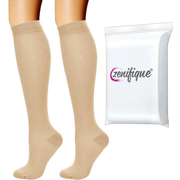 Set 2 Sosete compresive zenifique, Ciorapi compresie, Imbunatatirea circulatiei si Reducerea durerii de picioare, Prevenirea varicelor, Bej, Marime S-M