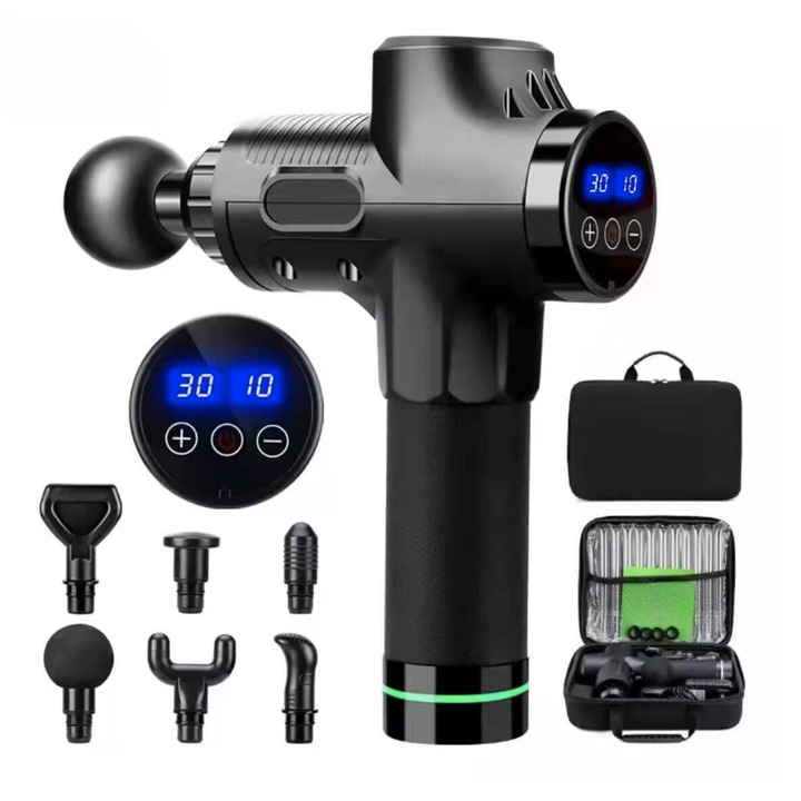 AOVO masszázspisztoly 30 fokozatú, 5 fejjel, mélyizom lazító, nyak- és testmasszírozó, csendes működésű fitnesz eszköz férfiaknak és nőknek