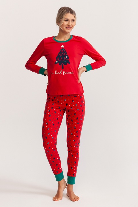Soft & Seven BY SOFIAMAN, Pijama slim fit de bumbac cu imprimeu de Craciun, Rosu/Verde