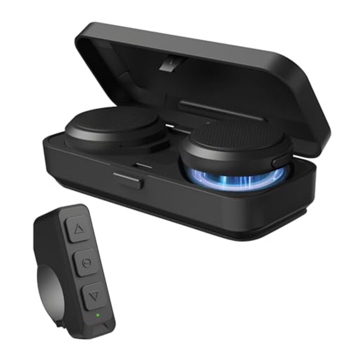Vezeték nélküli motoros fülhallgató, töltőtokkal és távirányítóval, fekete, 17,5x10x4,5cm