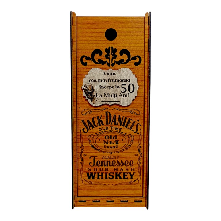 Cutie de whiskey personalizata cu mesaj standard, cadou personalizat pentru prieteni, familie, nasi, fini, model Jack Daniels, dimensiune 35x10cm, maro