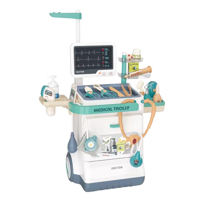 Mobil orvosi kocsi, Játszókészlet gyerekeknek, DABISY, 26 tartozék, hangokkal és fényekkel, Sztetoszkóp, röntgen képernyő, EKG, Elektronikus hőmérő, Vérnyomásmérő, Fecskendő, Röntgen, fehér