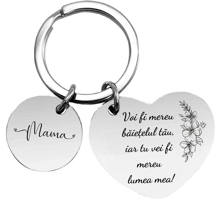 Set Cadou Pentru Mama, Joystos, Breloc Otel Inoxidabil, Forma Rotunda Gravat ”Mama” si Forma Inima Gravat ”Voi fi mereu baietelul tau iar tu vei fi mereu lumea mea”, De la Fiu