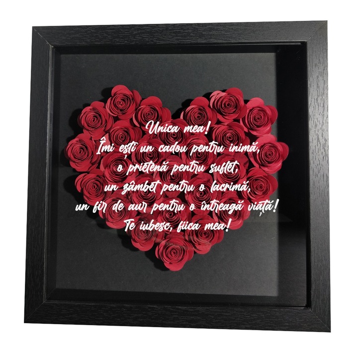 Tablou 3D pentru fiica cu text si flori handmade, aniversare, Craciun, Paste, zi de nastere, ocazii speciale, rama neagra 27x27cm, trandafiri rosii si fundal negru