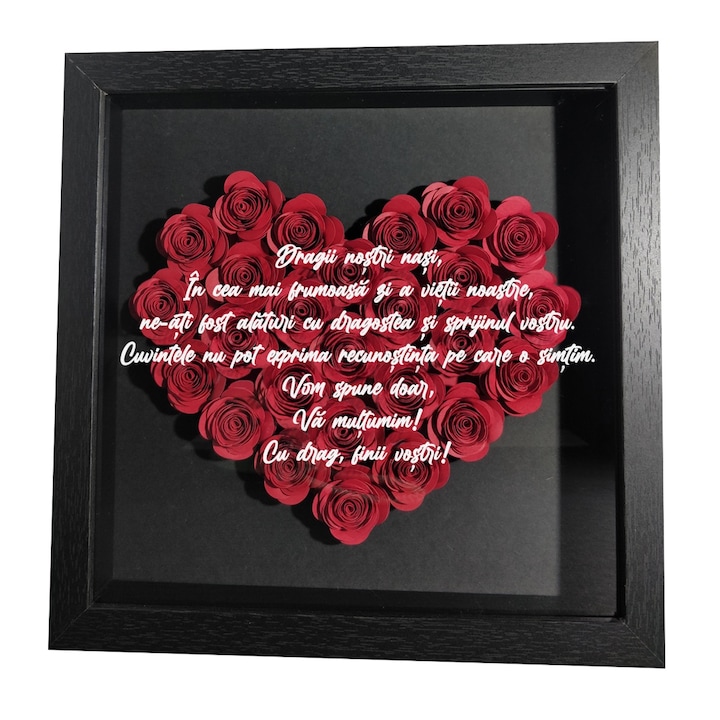 Tablou 3D pentru nasi de cununie cu text de multumire si flori handmade, nunta, aniversare, Craciun, Paste, zi de nastere, ocazii speciale, rama neagra 27x27cm, trandafiri rosii, varianta 1