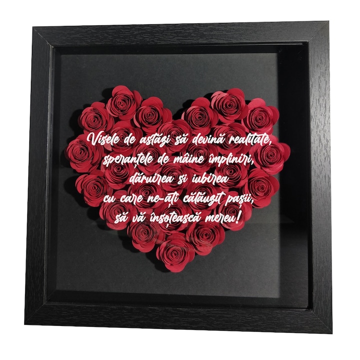 Tablou 3D pentru nasi de cununie cu text de multumire si flori handmade, nunta, aniversare, Craciun, Paste, zi de nastere, ocazii speciale, rama neagra 27x27cm, trandafiri rosii, varianta 2