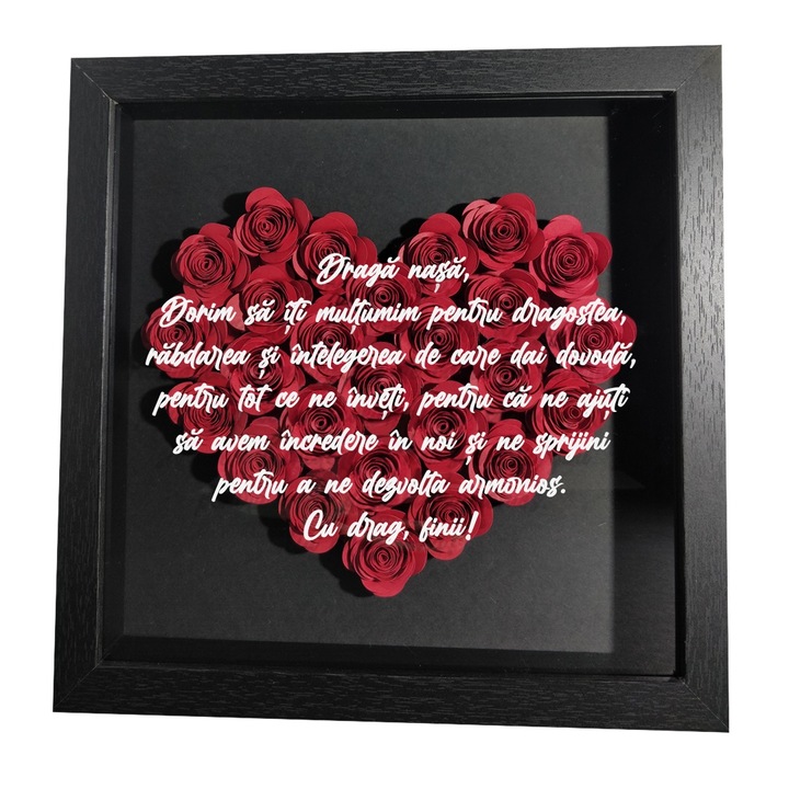 Tablou 3D pentru nasa cu text de multumire si flori handmade, aniversare, Craciun, Paste, zi de nastere, ocazii speciale, nunta, rama neagra 27x27cm, trandafiri rosii si fundal negru, varianta 2