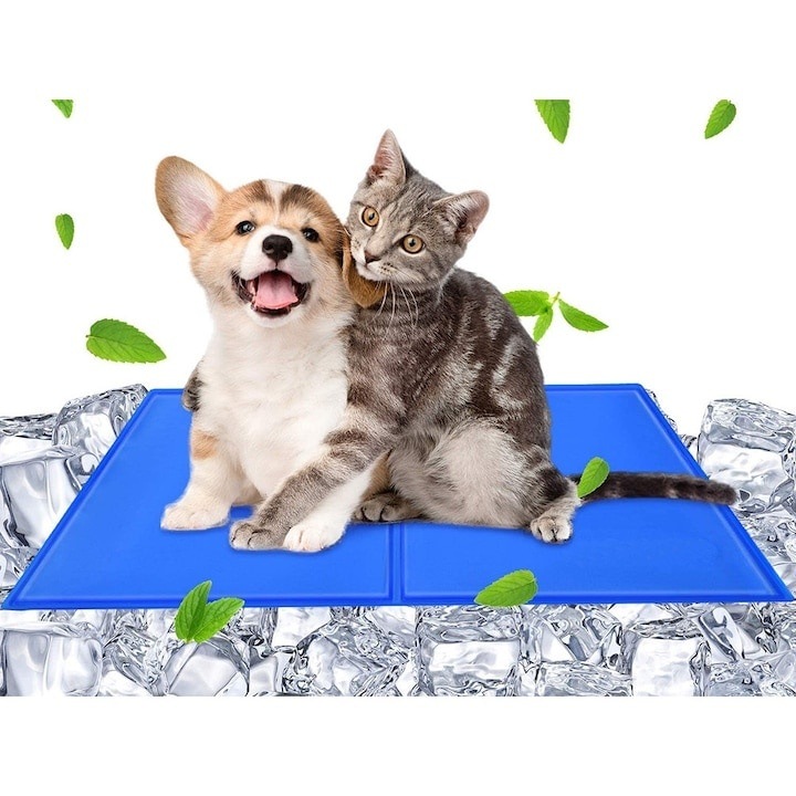 Covoras racoritor pentru caini si pisici, dimensiuni 40X50 cm, din poliester, pliabil, impermeabil, usor de curatat, albastru