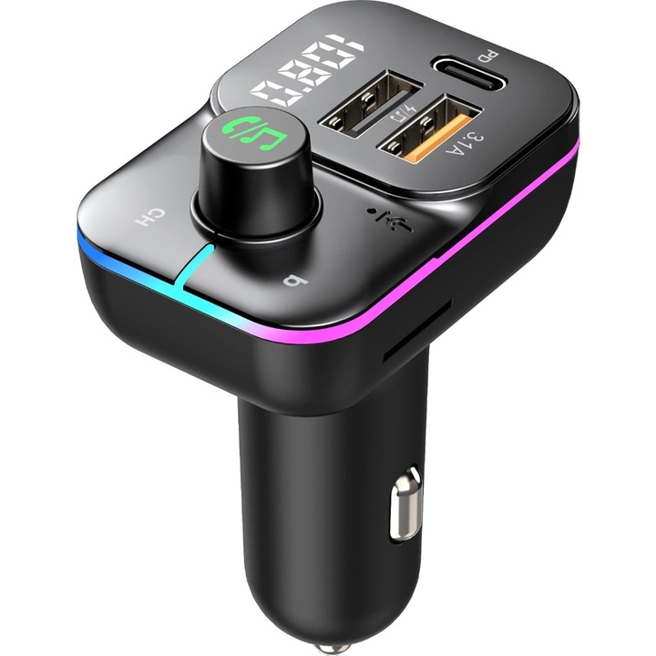 Modulator FM Auto cu Bluetooth 5.0, Handsfree Car Kit, Transmitator FM cu Functie de Incarcator Auto, suport pentru RGB-LED / U-Disc / Freisprechen