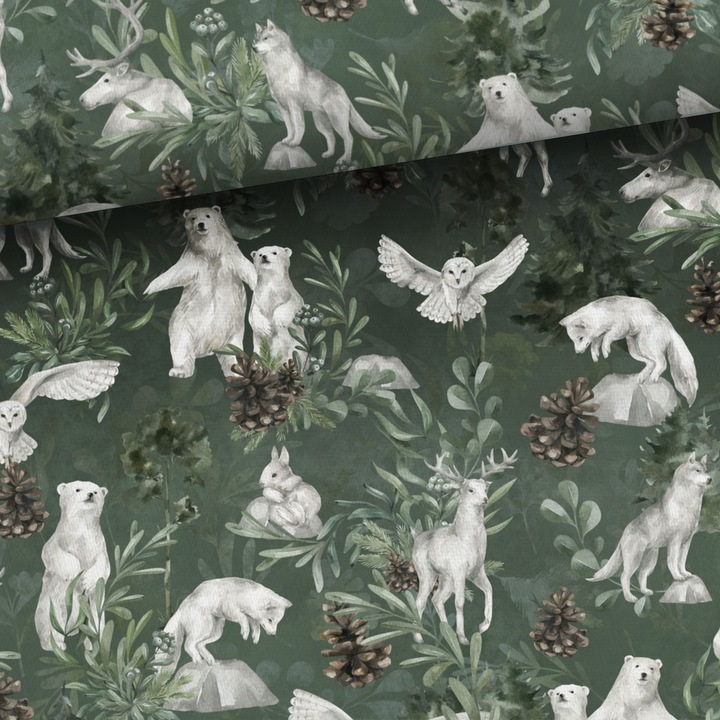 Material textil, Tricot french terry, Tricot trening imprimat Iarna verde Animale albe pe verde, bumbac 95%, elastan 5%