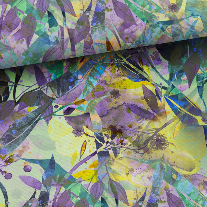 Material textil, Tricot french terry, Tricot trening imprimat Flori abstracte violet si verde, bumbac 95%, elastan 5%