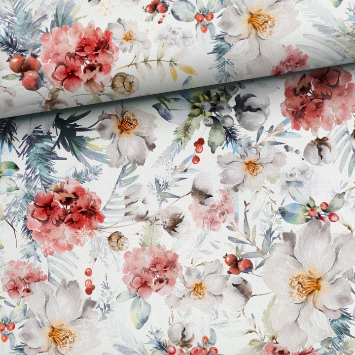 Material textil, Tricot french terry, Tricot trening imprimat Buchet de Craciun, bumbac 95%, elastan 5%