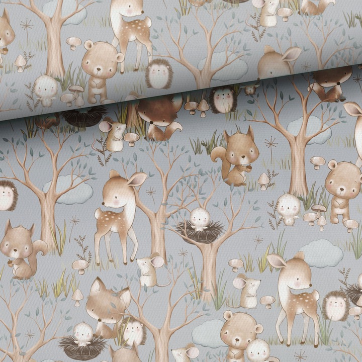 Material textil, Tricot french terry, Tricot trening imprimat Little Baby Forest Blue, bumbac 95%, elastan 5%