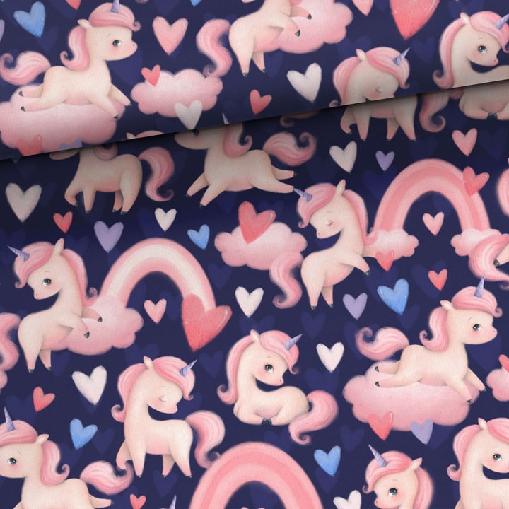 Material textil, Tricot french terry, Tricot trening imprimat Unicorni si inimi, bumbac 95%, elastan 5%