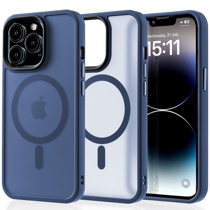 Husa compatibila cu Incarcare Magsafe compatibila cu iPhone 14 Pro, CASEY STUDIOS™, de Protectie, Slim, pentru Incarcare Wireless, Margini Ridicate de Protectia Ecranului si a Camerelor, Albastru Inchis
