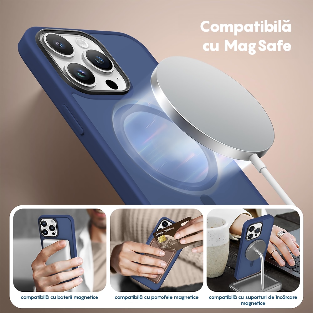 Husa compatibila cu Incarcare Magsafe pentru Apple iPhone 15 Pro Max, CASEY STUDIOS™, de Protectie, Slim, pentru Incarcare Wireless, Margini Ridicate pentru Protectia Ecranului si a Camerelor, Anti socuri, Albastru inchis