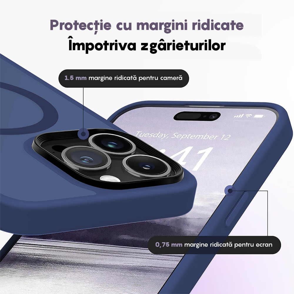 Husa compatibila cu Incarcare Magsafe pentru Apple iPhone 15 Pro Max, CASEY STUDIOS™, de Protectie, Slim, pentru Incarcare Wireless, Margini Ridicate pentru Protectia Ecranului si a Camerelor, Anti socuri, Albastru inchis