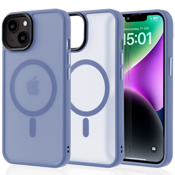 Husa compatibila cu Incarcare Magsafe pentru Apple iPhone 14, CASEY STUDIOS™, de Protectie, Slim, pentru Incarcare Wireless, Margini Ridicate pentru Protectia Ecranului si a Camerelor, Albastru Deschis