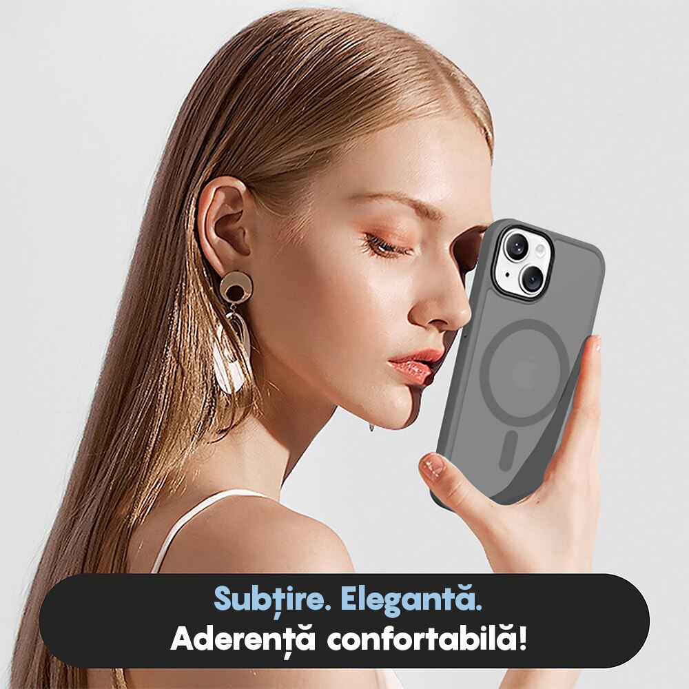 Husa compatibila cu Incarcare Magsafe compatibila cu iPhone 15, CASEY STUDIOS™, de Protectie, Slim, pentru Incarcare Wireless, Margini Ridicate de Protectia Ecranului si a Camerelor, Gri deschis