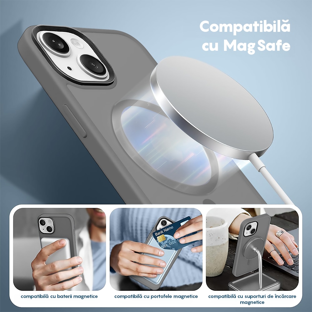 Husa compatibila cu Incarcare Magsafe compatibila cu iPhone 15, CASEY STUDIOS™, de Protectie, Slim, pentru Incarcare Wireless, Margini Ridicate de Protectia Ecranului si a Camerelor, Gri deschis