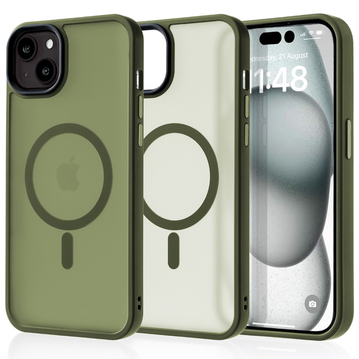 Калъф за Apple iPhone 15 Plus със зареждане MagSafe, CASEY STUDIOS™, Защитен, Тънък, за безжично зареждане, Повдигнати ръбове за защита на екрана и камерата, Зелен