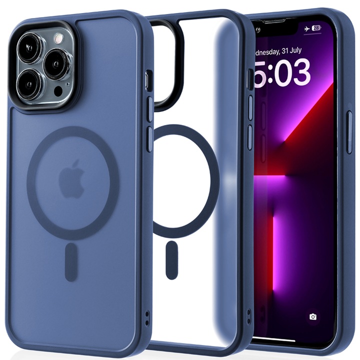 Husa compatibila cu Incarcare Magsafe pentru Apple iPhone 13 Pro Max, CASEY STUDIOS™, de Protectie, Slim, pentru Incarcare Wireless, Margini Ridicate pentru Protectia Ecranului si a Camerelor, Albastru Inchis