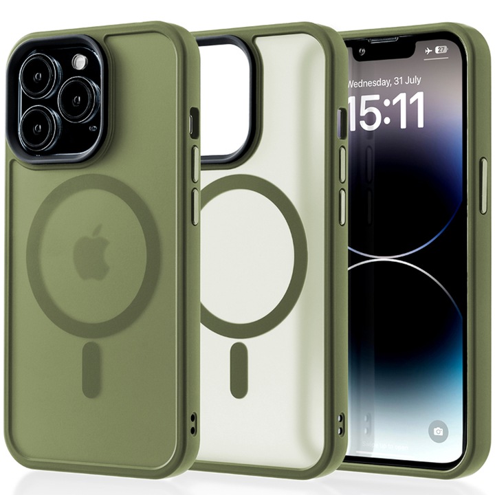 Husa compatibila cu Incarcare Magsafe pentru Apple iPhone 14 Pro, CASEY STUDIOS™, de Protectie, Slim, pentru Incarcare Wireless, Margini Ridicate pentru Protectia Ecranului si a Camerelor, Verde