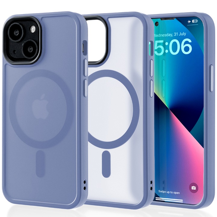 Husa compatibila cu Incarcare Magsafe pentru Apple iPhone 13 Mini, CASEY STUDIOS™, de Protectie, Slim, pentru Incarcare Wireless, Margini Ridicate pentru Protectia Ecranului si a Camerelor, Albastru Deschis