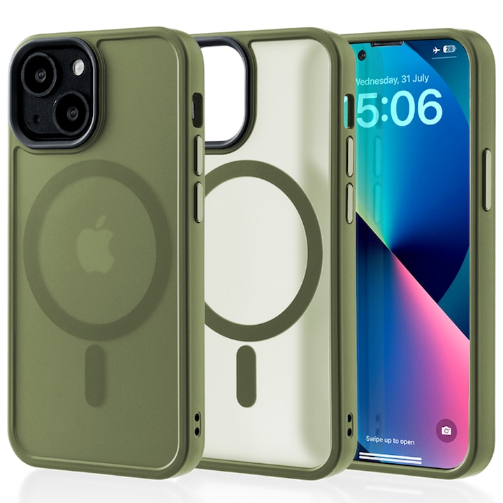 Husa compatibila cu Incarcare Magsafe pentru Apple iPhone 13 Mini, CASEY STUDIOS™, de Protectie, Slim, pentru Incarcare Wireless, Margini Ridicate pentru Protectia Ecranului si a Camerelor, Verde