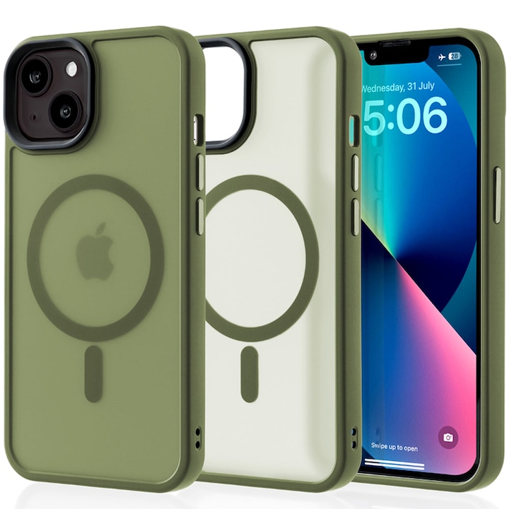 Husa compatibila cu Incarcare Magsafe compatibila cu iPhone 13, CASEY STUDIOS™, de Protectie, Slim, pentru Incarcare Wireless, Margini Ridicate de Protectia Ecranului si a Camerelor, Verde