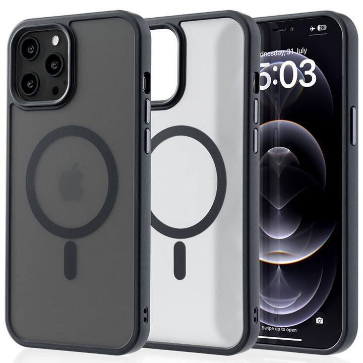 Husa compatibila cu Incarcare Magsafe compatibila cu iPhone 12 Pro Max, CASEY STUDIOS™, de Protectie, Slim, pentru Incarcare Wireless, Margini Ridicate de Protectia Ecranului si a Camerelor, Negru