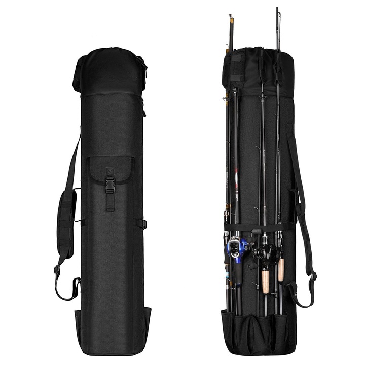 Чанта за въдица, чанта за съхранение с органайзер за макари, капацитет 5 въдици, за инструменти и оборудване за риболов и пътуване, WALALLA, черна, 123x34 см