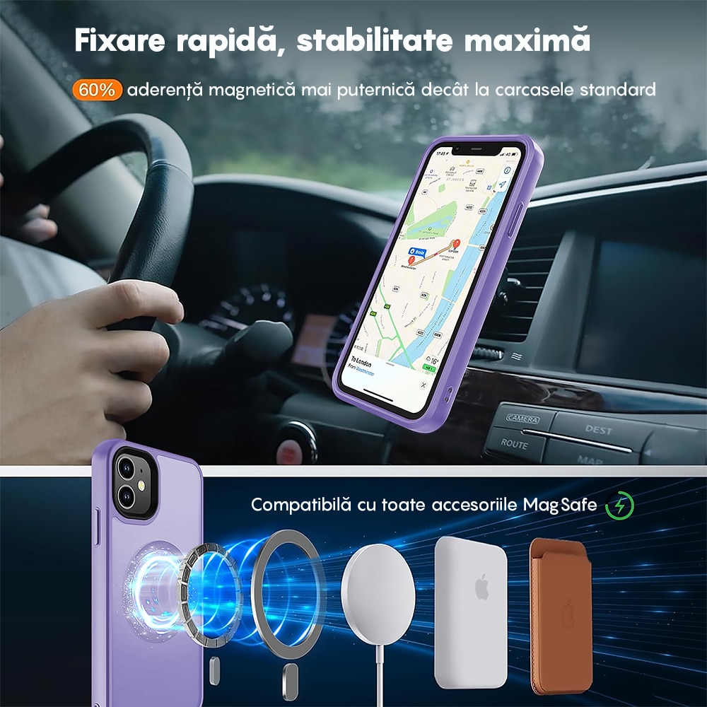 Husa compatibila cu Incarcare Magsafe compatibila cu iPhone 11, CASEY STUDIOS™, de Protectie, Slim, pentru Incarcare Wireless, Margini Ridicate de Protectia Ecranului si a Camerelor, Mov Deschis