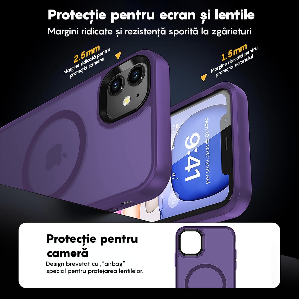 Husa compatibila cu Incarcare Magsafe compatibila cu iPhone 11, CASEY STUDIOS™, de Protectie, Slim, pentru Incarcare Wireless, Margini Ridicate de Protectia Ecranului si a Camerelor, Mov Inchis