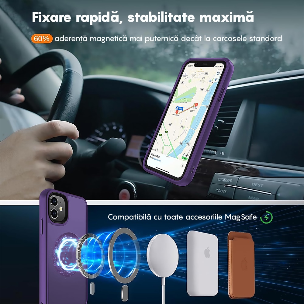 Husa compatibila cu Incarcare Magsafe compatibila cu iPhone 11, CASEY STUDIOS™, de Protectie, Slim, pentru Incarcare Wireless, Margini Ridicate de Protectia Ecranului si a Camerelor, Mov Inchis