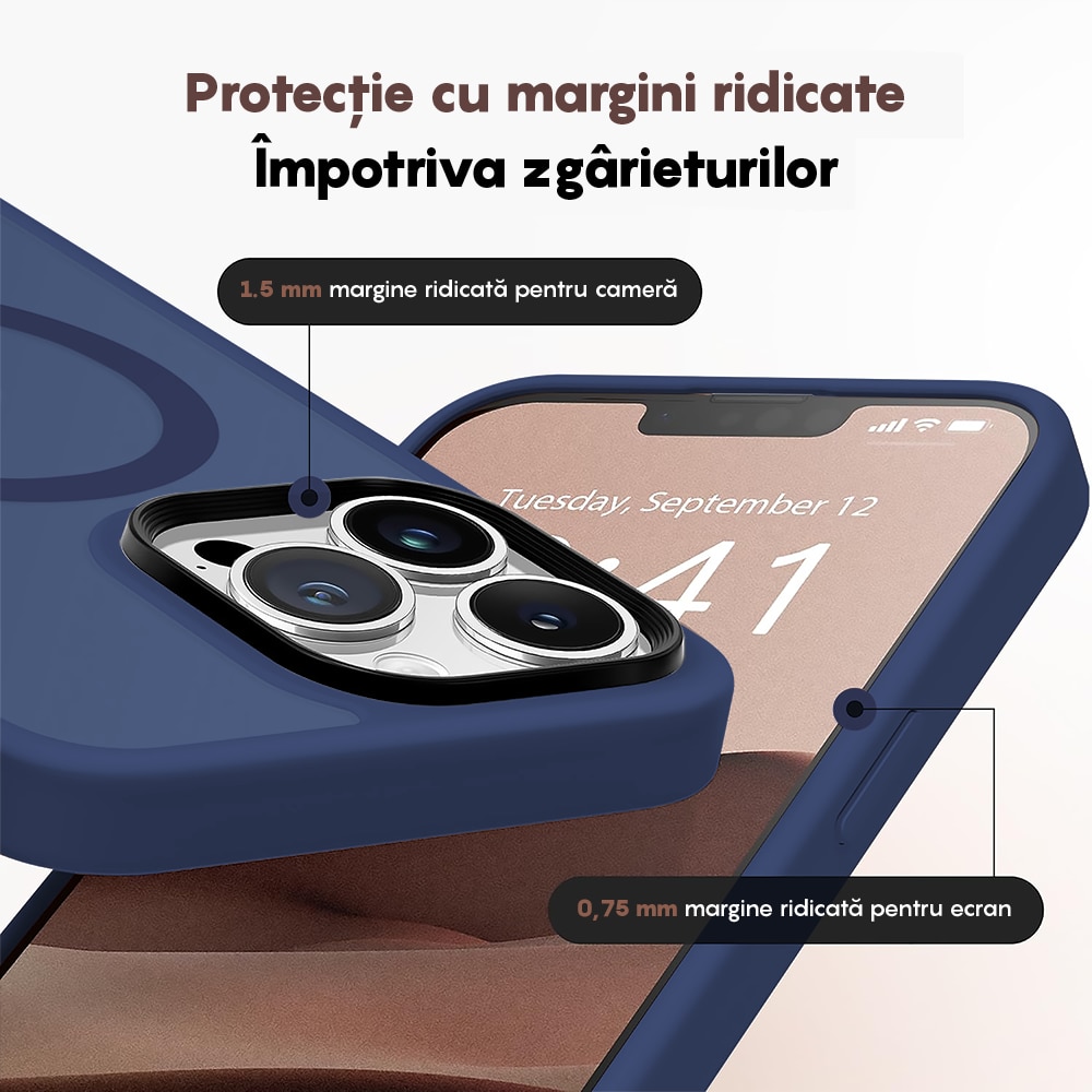 Husa compatibila cu Incarcare Magsafe compatibila cu iPhone 12/12 Pro, CASEY STUDIOS™, de Protectie, Slim, pentru Incarcare Wireless, Margini Ridicate de Protectia Ecranului si a Camerelor, Albastru Inchis