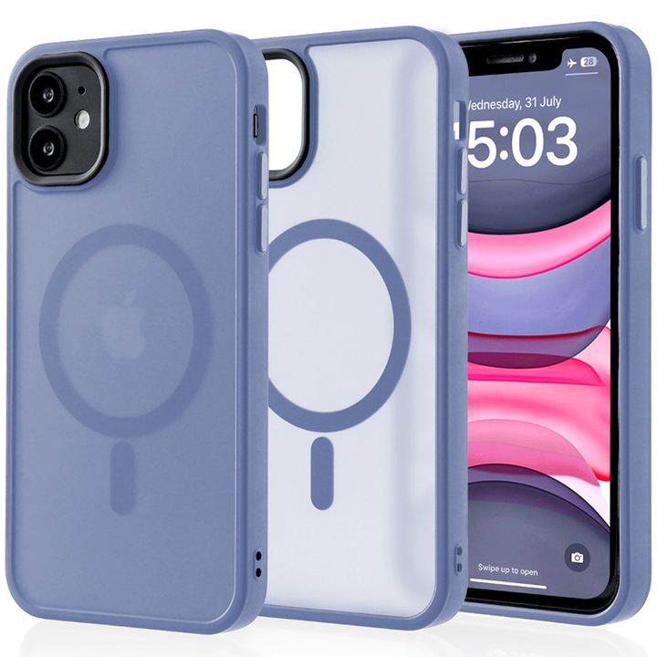 Husa compatibila cu Incarcare Magsafe compatibila cu iPhone 11, CASEY STUDIOS™, de Protectie, Slim, pentru Incarcare Wireless, Margini Ridicate de Protectia Ecranului si a Camerelor, Albastru Deschis