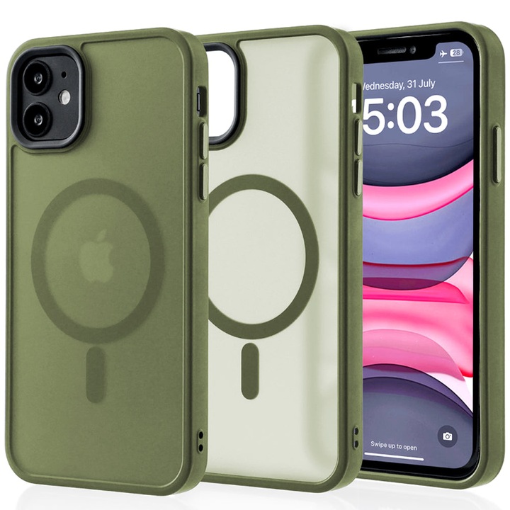 Husa compatibila cu Incarcare Magsafe compatibila cu iPhone 11, CASEY STUDIOS™, de Protectie, Slim, pentru Incarcare Wireless, Margini Ridicate de Protectia Ecranului si a Camerelor, Verde
