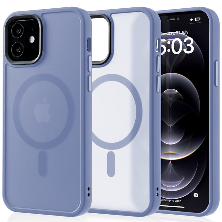 Husa compatibila cu Incarcare Magsafe compatibila cu iPhone 12/12 Pro, CASEY STUDIOS™, de Protectie, Slim, pentru Incarcare Wireless, Margini Ridicate de Protectia Ecranului si a Camerelor, Albastru Deschis