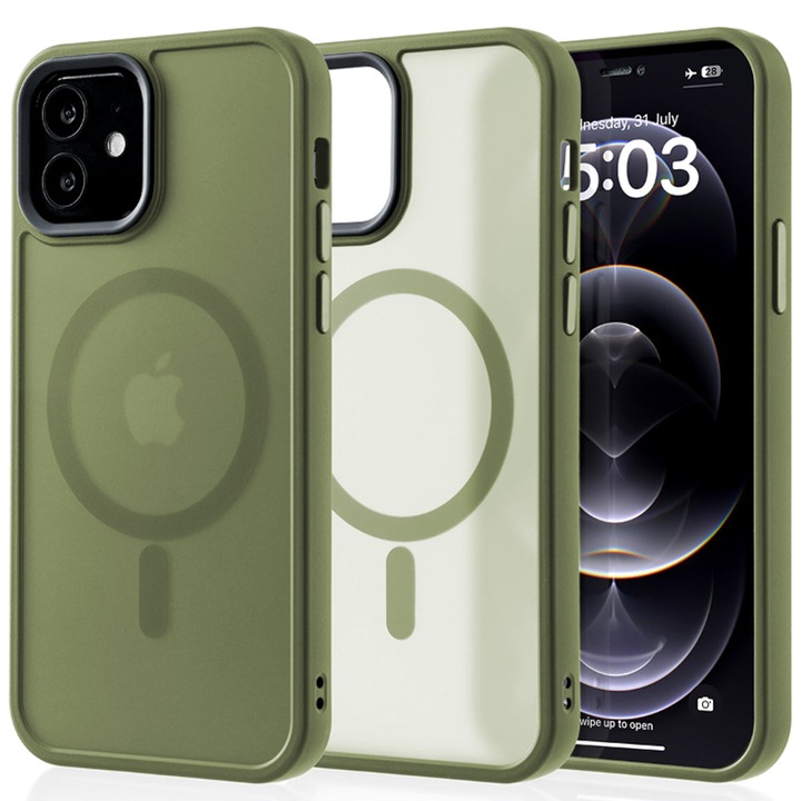 Husa compatibila cu Incarcare Magsafe compatibila cu iPhone 12/12 Pro, CASEY STUDIOS™, de Protectie, Slim, pentru Incarcare Wireless, Margini Ridicate de Protectia Ecranului si a Camerelor, Verde