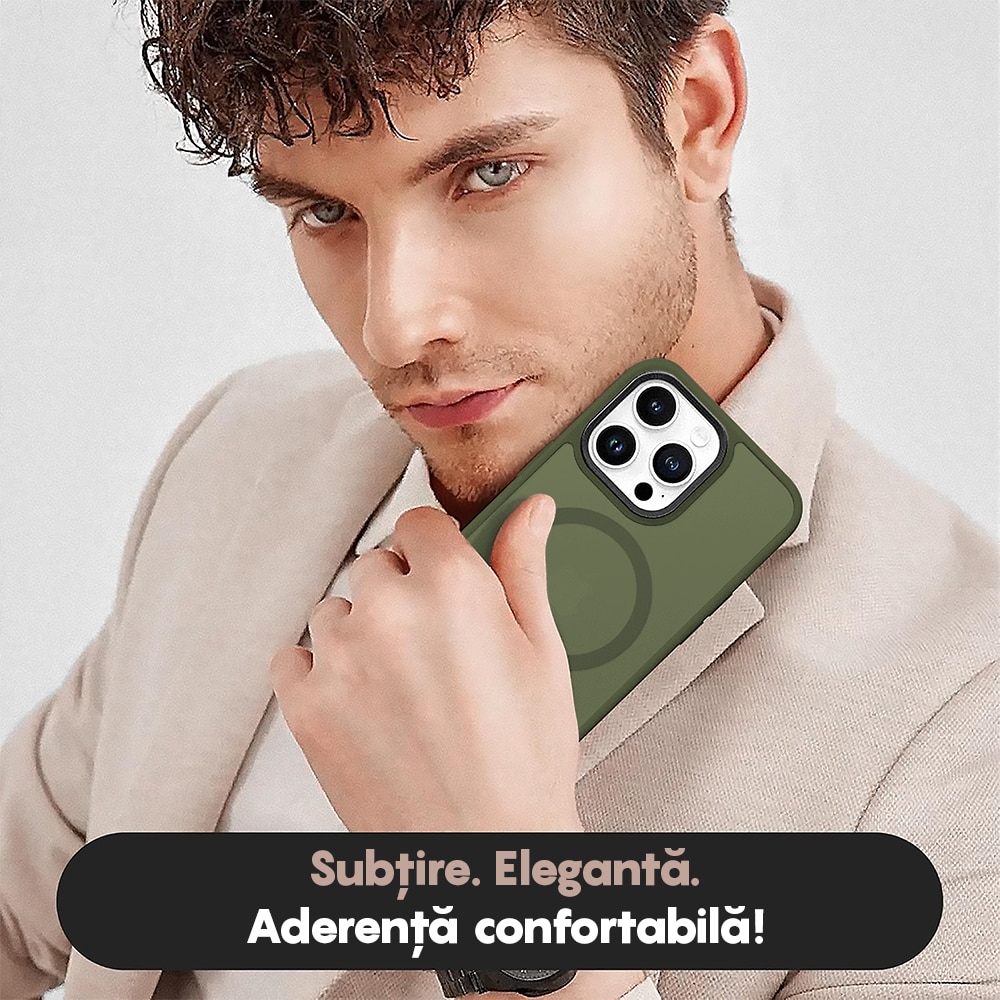 Husa compatibila cu Incarcare Magsafe compatibila cu iPhone 12/12 Pro, CASEY STUDIOS™, de Protectie, Slim, pentru Incarcare Wireless, Margini Ridicate de Protectia Ecranului si a Camerelor, Verde