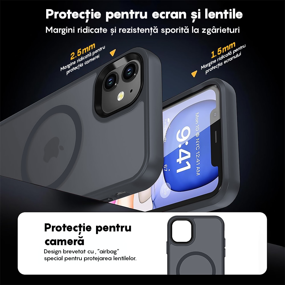 Husa compatibila cu Incarcare Magsafe compatibila cu iPhone 11, CASEY STUDIOS™, de Protectie, Slim, pentru Incarcare Wireless, Margini Ridicate de Protectia Ecranului si a Camerelor, Negru
