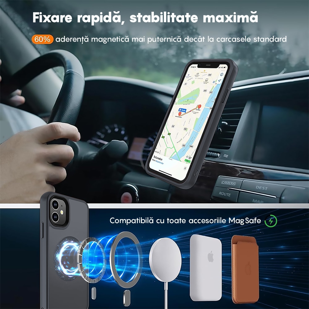 Husa compatibila cu Incarcare Magsafe compatibila cu iPhone 11, CASEY STUDIOS™, de Protectie, Slim, pentru Incarcare Wireless, Margini Ridicate de Protectia Ecranului si a Camerelor, Negru