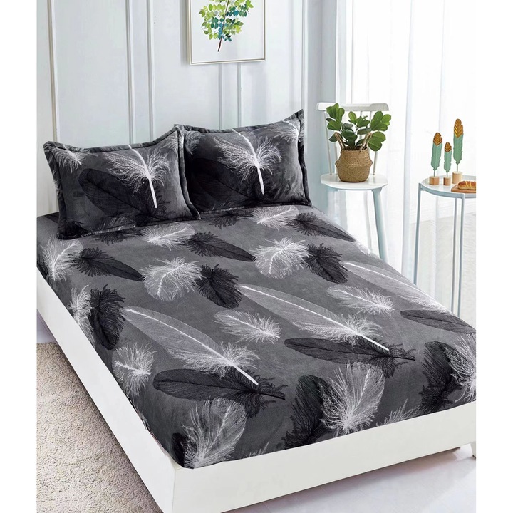 Husa Cocolino Premium cu Elastic, 3 Piese, pentru Pat Dublu, Gri cu Pene, 180 x 200 cm, 2 Fete de Perna