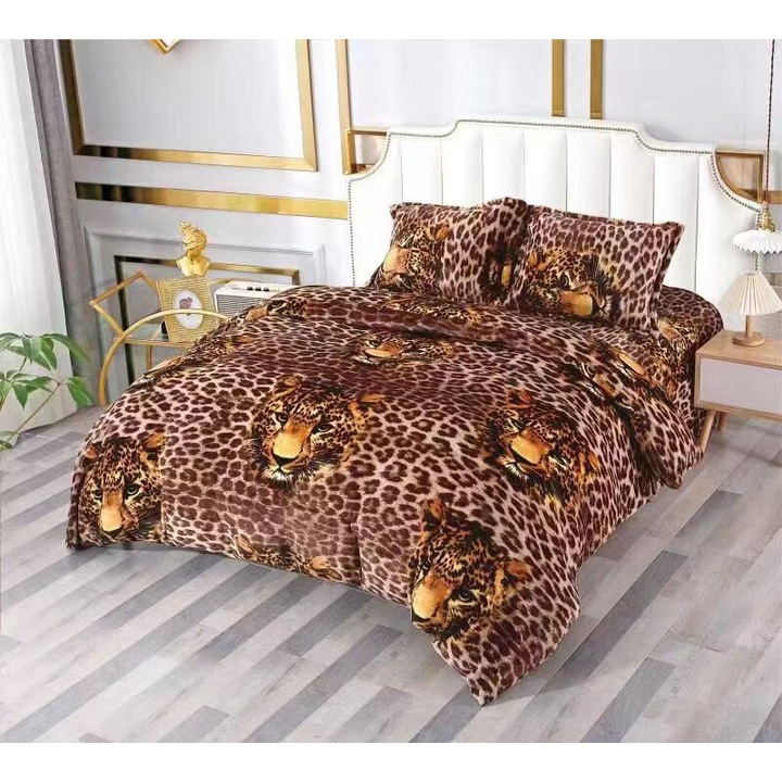 Set pentru 2 Persoane Lenjerie de Pat 4 Piese cu Elastic, 2 Fete de Perna, Cocolino, Animal Print, 180x200 cm