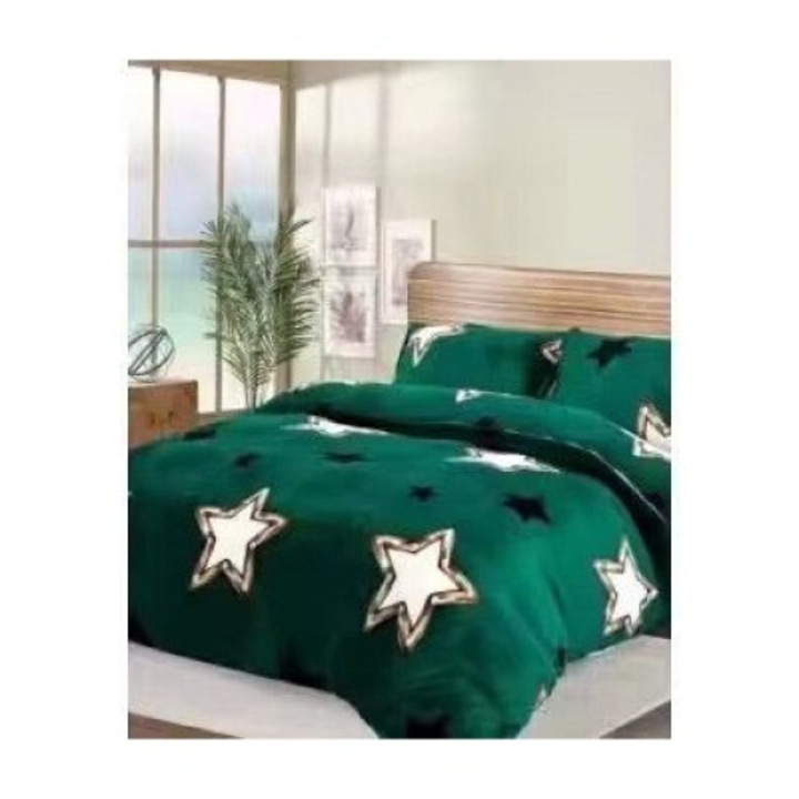 Set pentru 2 Persoane Lenjerie de Pat 4 Piese cu Elastic, 2 Fete de Perna, Cocolino, Verde cu Stelute, 180x200 cm