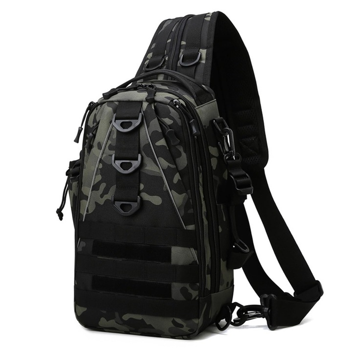 Borseta pescuit, nylon, cu suport pentru undita, compartimente mari, ajustabila, pentru calatorii in aer liber, drumetii, alpinism, nailon impermeabil, WALALLA, negru-verde