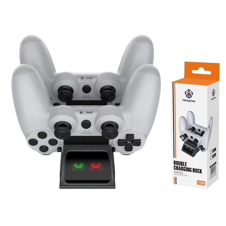 Statie de incarcare duala pentru controler PS4, port USB, cu indicatori LED, negru